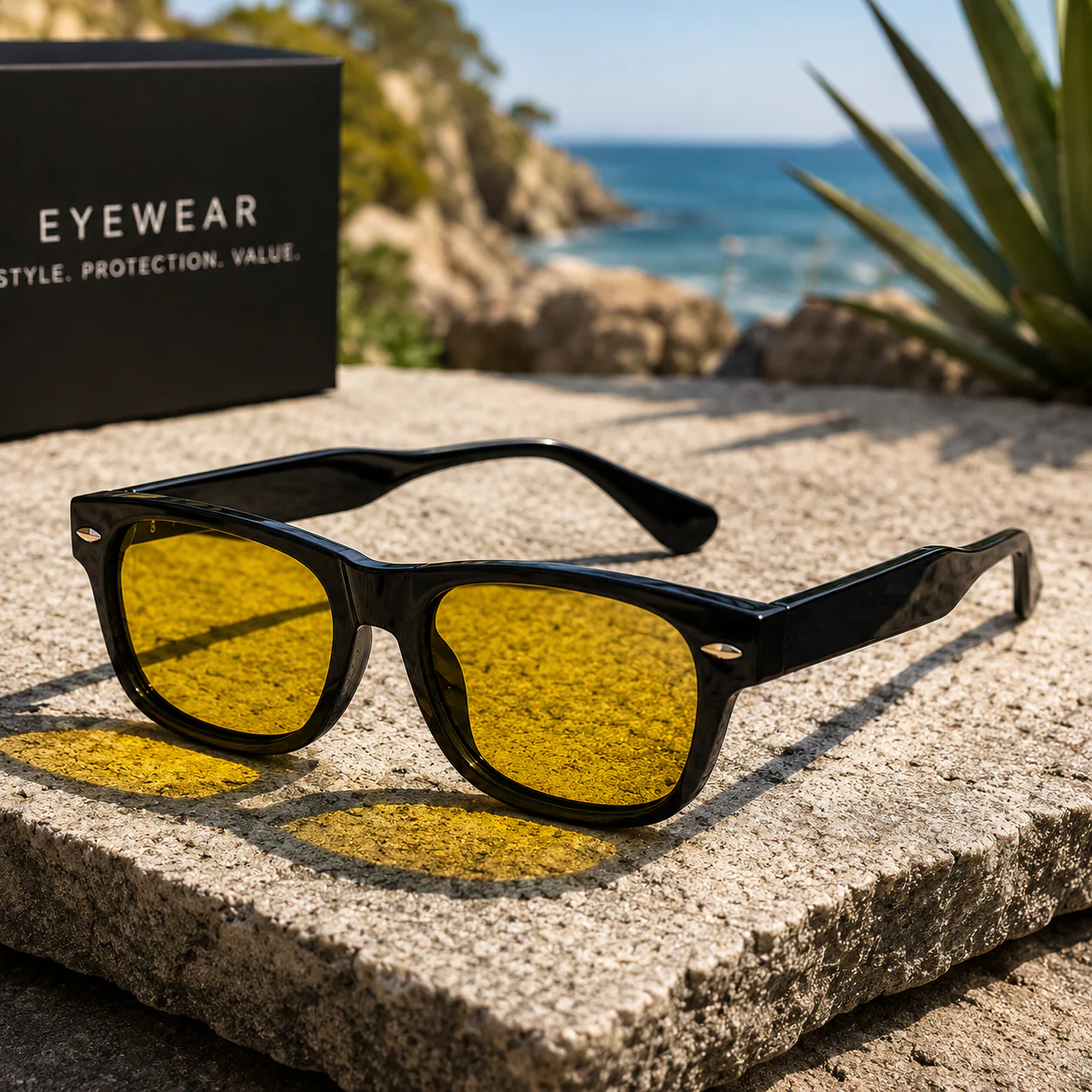 THE Atlas Y1 Glossy Black Yellow Night Drive UV400 HD Sunglasses